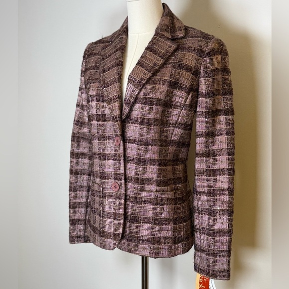 Votre Nom Wool Blend Plaid Tweed Blazer Plum Pink Sparkle Women’s Size 6 - Picture 2 of 15